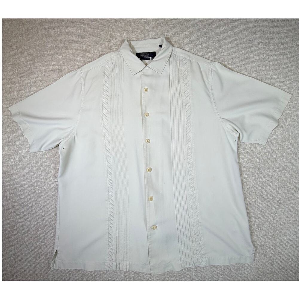 Nat Nast Men XL Cream Silk American Fit Short Sleeve Button Front Bowling Shirt